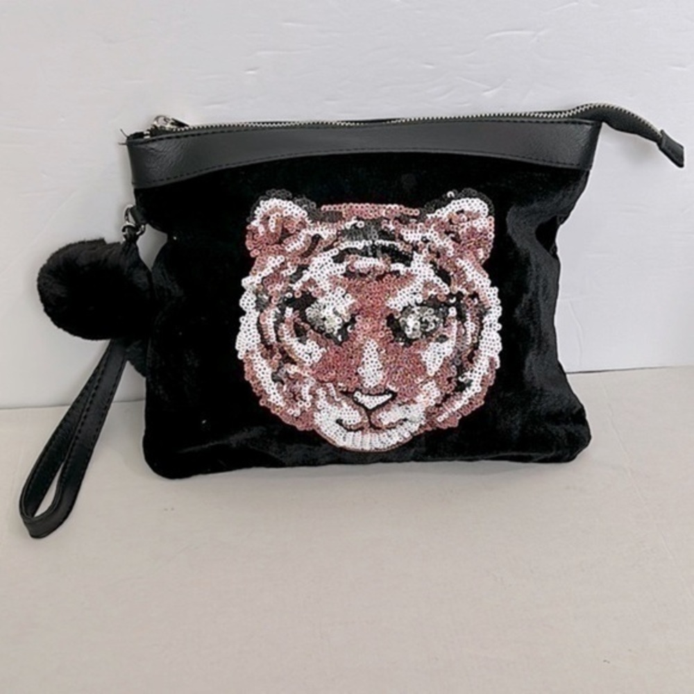 CUTE Y2K LARGE SEQUIN TIGER BLACK POMPOM MINI PURSE tiger AESTHETIC